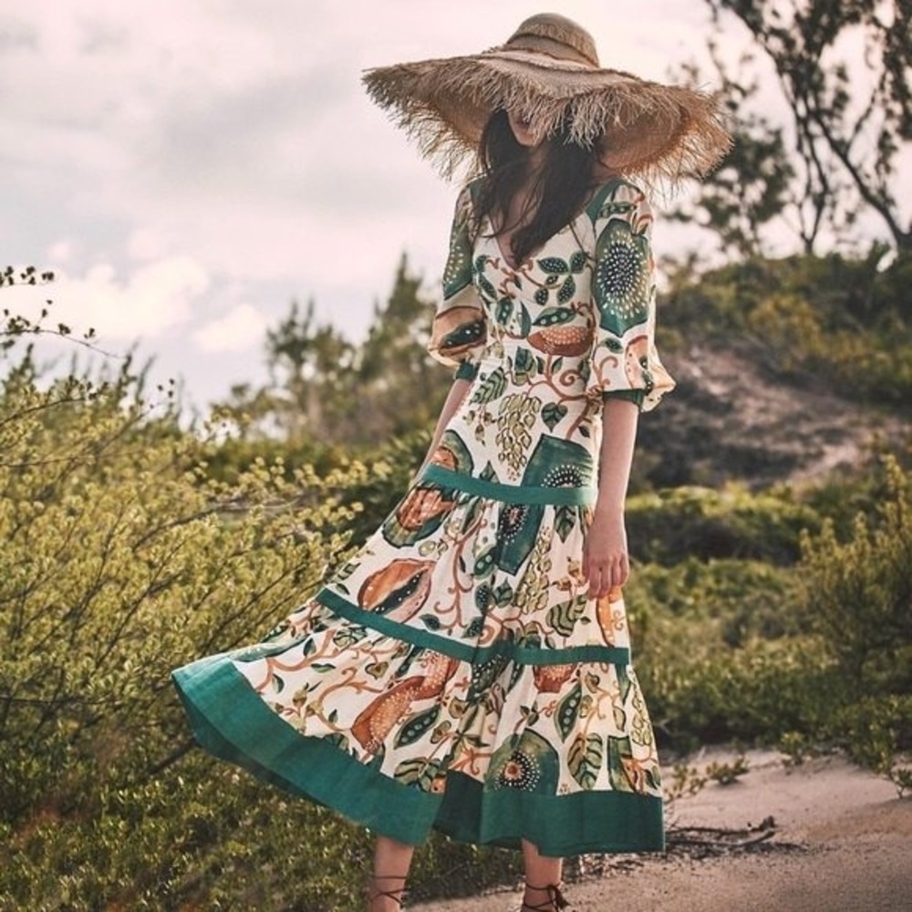 Alexis Pierah‎ Midi Maxi Dress (Sz M) Linen Cotton Blend Jade Garden